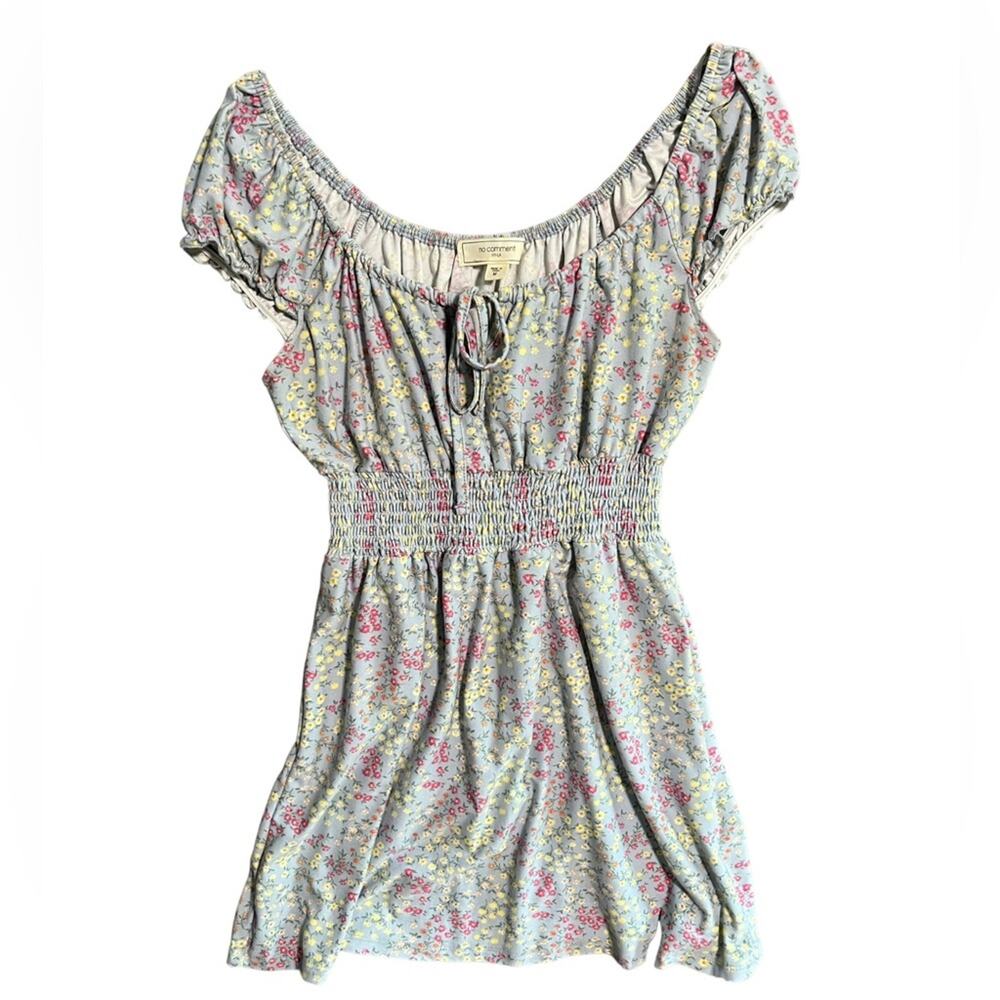 No Comment Mini Dress Floral Blue Womens Medium Short Elastic Off Shoulder
